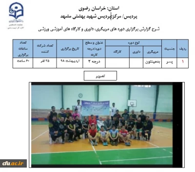 گزارش برگزاری دوره های مربیگری، داوری و کارگاه های آموزشی ورزشی پردیس شهید بهشتی استان خراسان رضوی