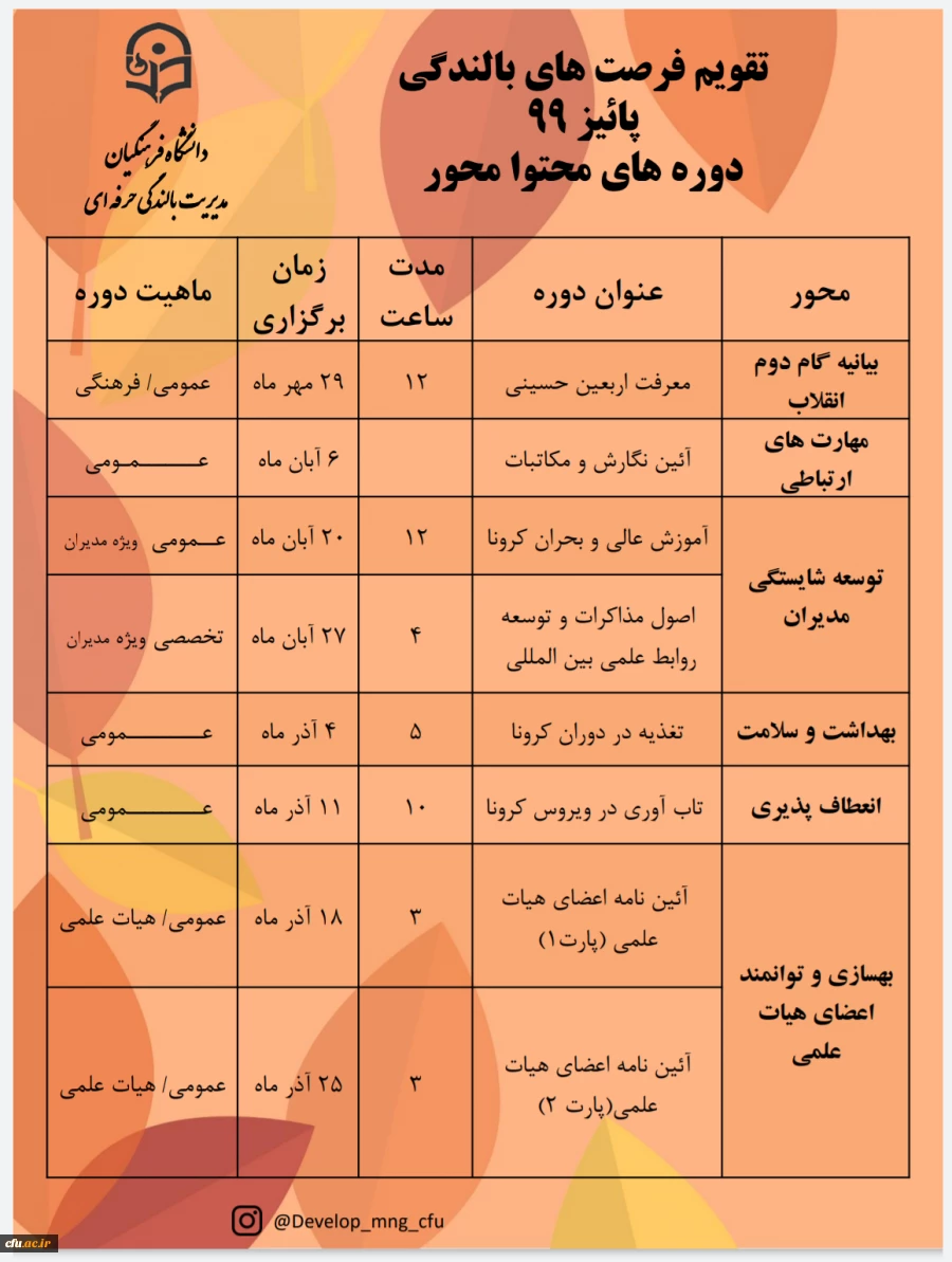 تقویم فرصت های بالندگی پاییز 99 2