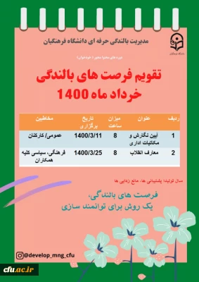 مدیریت بالندگی حرفه ای دانشگاه فرهنگیان اعلام کرد:

تقویم فرصت های بالندگی خرداد ماه 1400