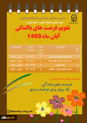 مدیریت بالندگی حرفه ای دانشگاه فرهنگیان اعلام کرد:

تقویم فرصت های بالندگی آبان ماه 1400