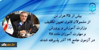 عضو هیات رئیسه دانشگاه فرهنگیان:

بیش از 35 هزار تن از مشمولان قانون تعیین تکلیف وزارت آموزش و پرورش و مهارت آموزان ماده 28 در آزمون جامع 19 آذر پذیرفته شدند