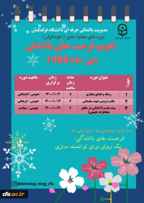 مدیریت بالندگی حرفه ای دانشگاه فرهنگیان اعلام کرد:

تقویم فرصت های بالندگی دی ماه 1400