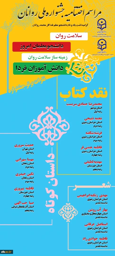 برگزیدگان جشنواره کشوری سلامت روان دانشجومعلمان زمینه ساز سلامت روان دانش اموزان در شهر مقدس مشهد معرفی شدند 5