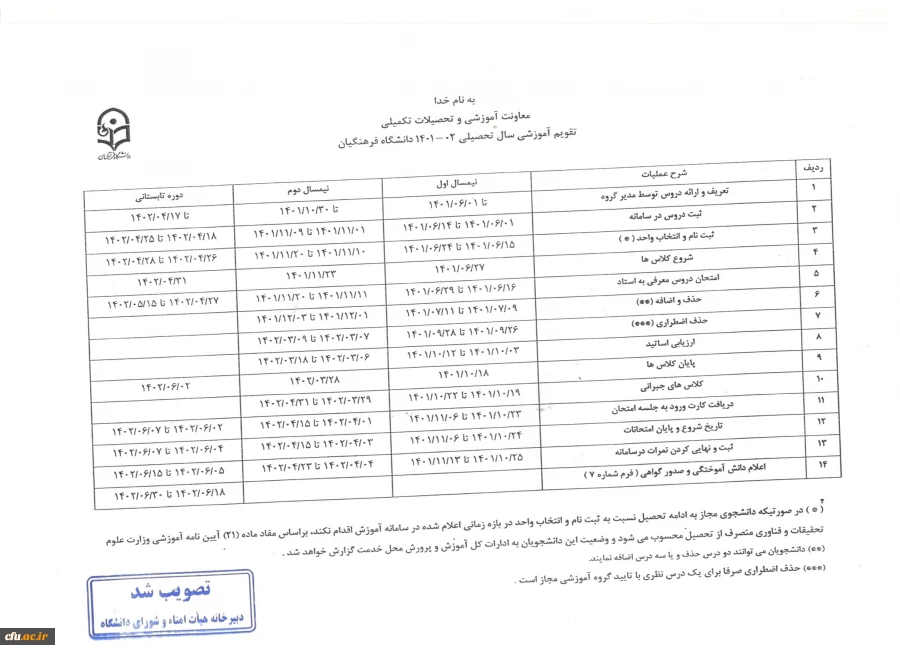 تقویم آموزشی سال تحصیلی 1402-1401