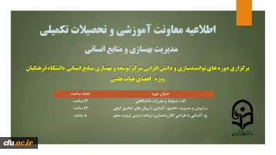 برگزاری دوره های توانمندسازی و دانش افزایی مرکز توسعه و بهسازی منابع انسانی دانشگاه فرهنگیان ویژه ی اعضای هیات علمی