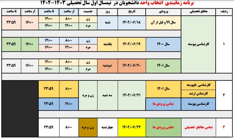 جدول زمانبندی انتخاب واحد نیمسال اول سال تحصیلی 1403-1402 3