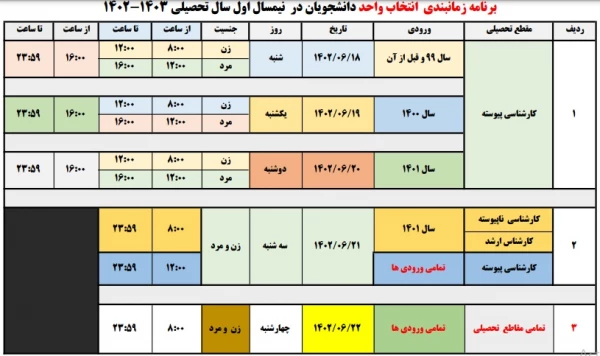 برنامه زمانبندی انتخاب واحد سال 1402