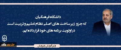 وزیر آموزش و پرورش

دانشگاه فرهنگیان که جزو زیر ساخت های  اصلی نظام تعلیم و تربیت است را در اولویت برنامه های خود قرار داده ایم.