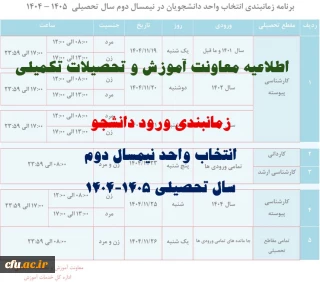 برنامه زمانبندی انتخاب واحد نیمسال دوم سال تحصیلی 1405-1404