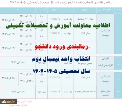 برنامه زمانبندی انتخاب واحد نیمسال دوم سال تحصیلی 1405-1404