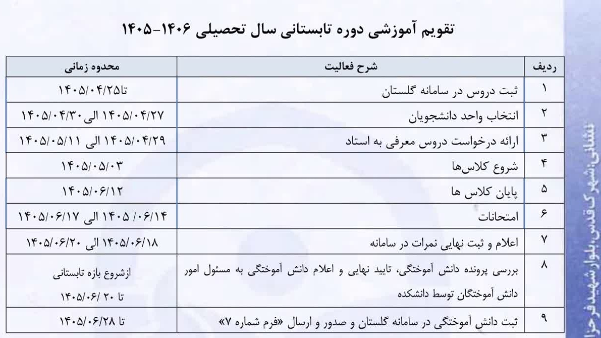 تقویم آموزشی ترم تابستان