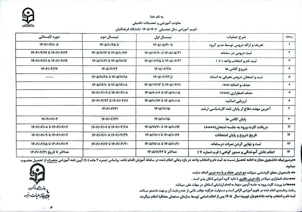 تقویم آموزشی سال تحصیلی ۱۴۰۶-۱۴۰۵