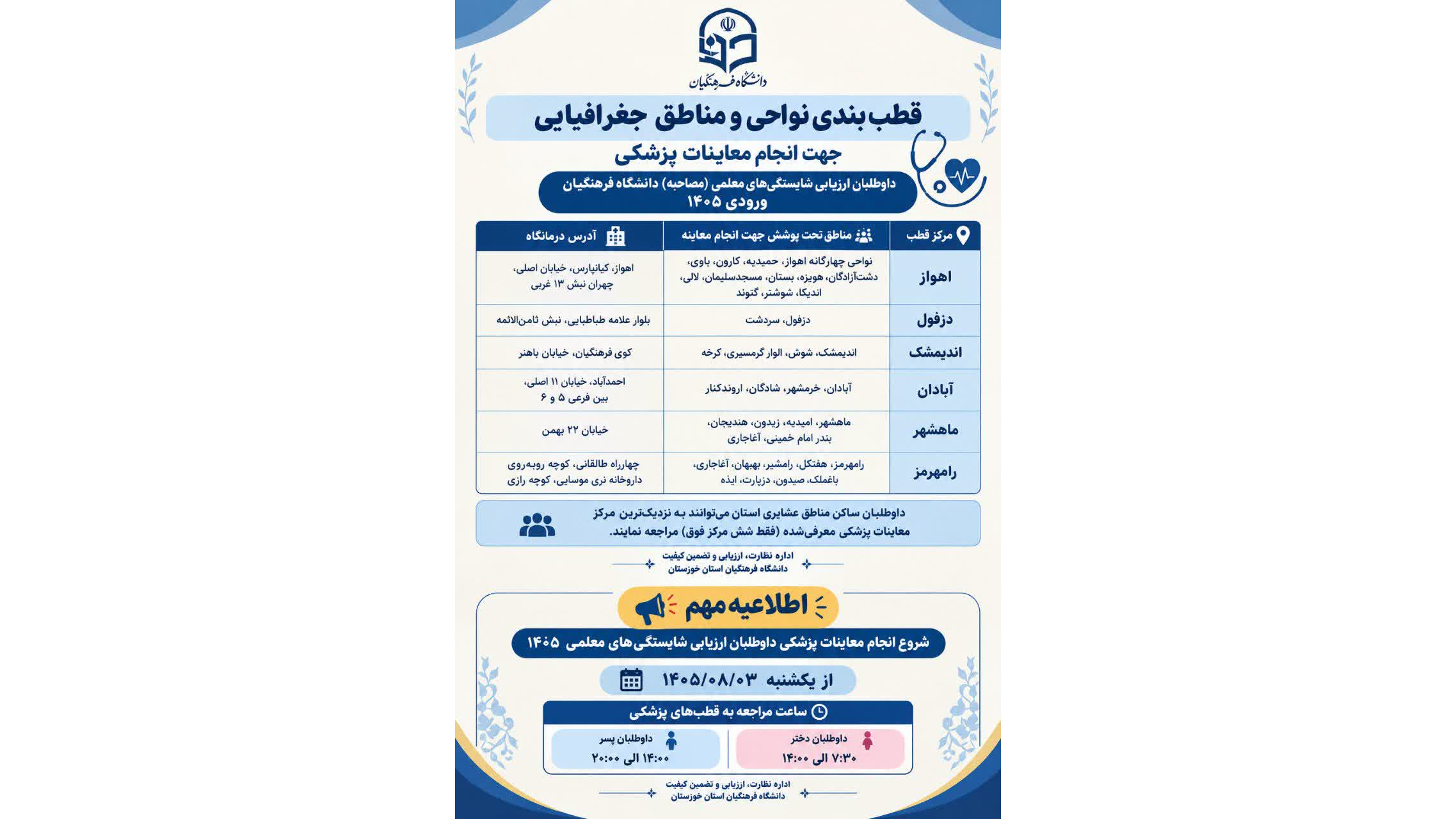 قطب‌بندی نواحی و مناطق جغرافیایی، زمان و روزهای مراجعه، جهت انجام معاینات پزشکی داوطلبان ارزیابی شایستگی های معلمی(مصاحبه) دانشگاه فرهنگیان (ورودی ۱۴۰۵)