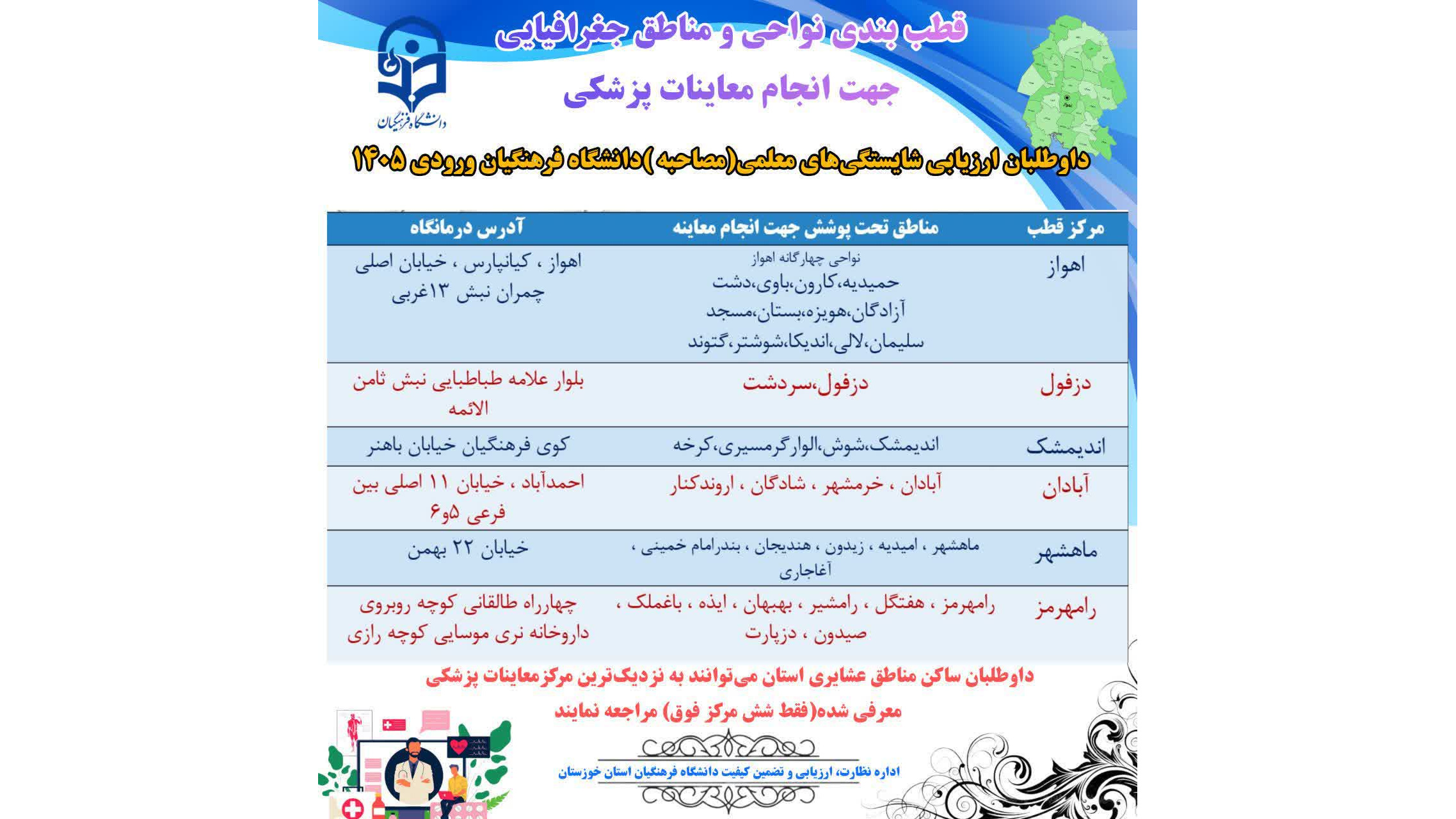 قطببندی نواحی و مناطق جغرافیایی، جهت انجام معاینات پزشکی داوطلبان ارزیابی شایستگی های معلمی(مصاحبه) دانشگاه فرهنگیان (ورودی ۱۴۰۵)