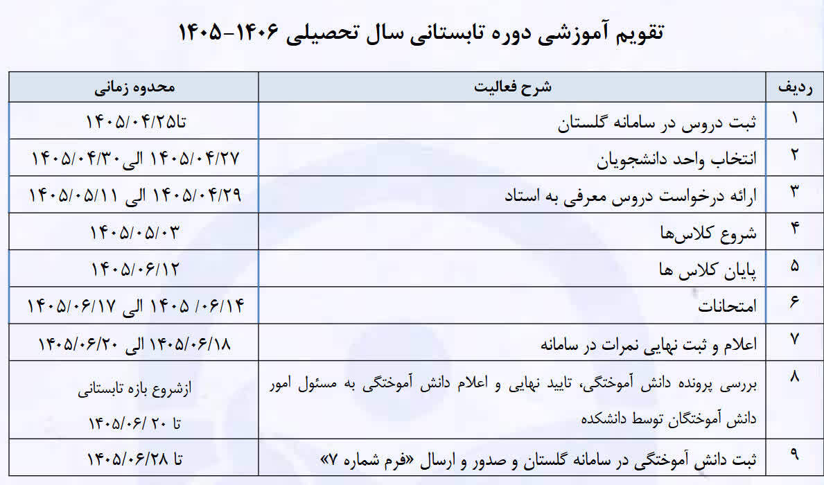 تقویم آموزشی دوره تابستانی سال تحصیلی ۱۴۰۶-۱۴۰۵