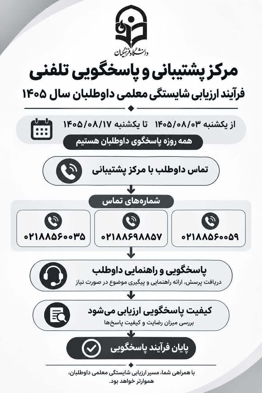 اطلاعیه مرکز پشتیبانی تلفنی ارزیابی شایستگی معلمی ۱۴۰۵