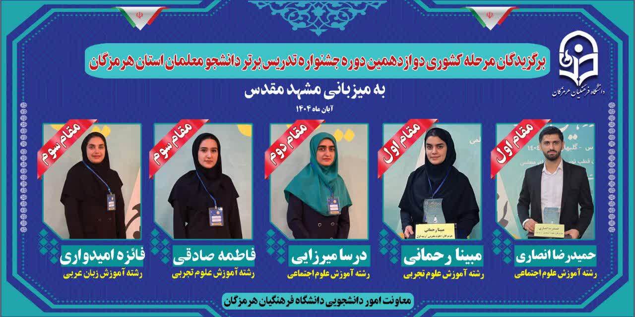 افتخارآفرینی دانشجومعلمان دانشگاه فرهنگیان استان هرمزگان در مرحله کشوری جشنواره تدریس برتر