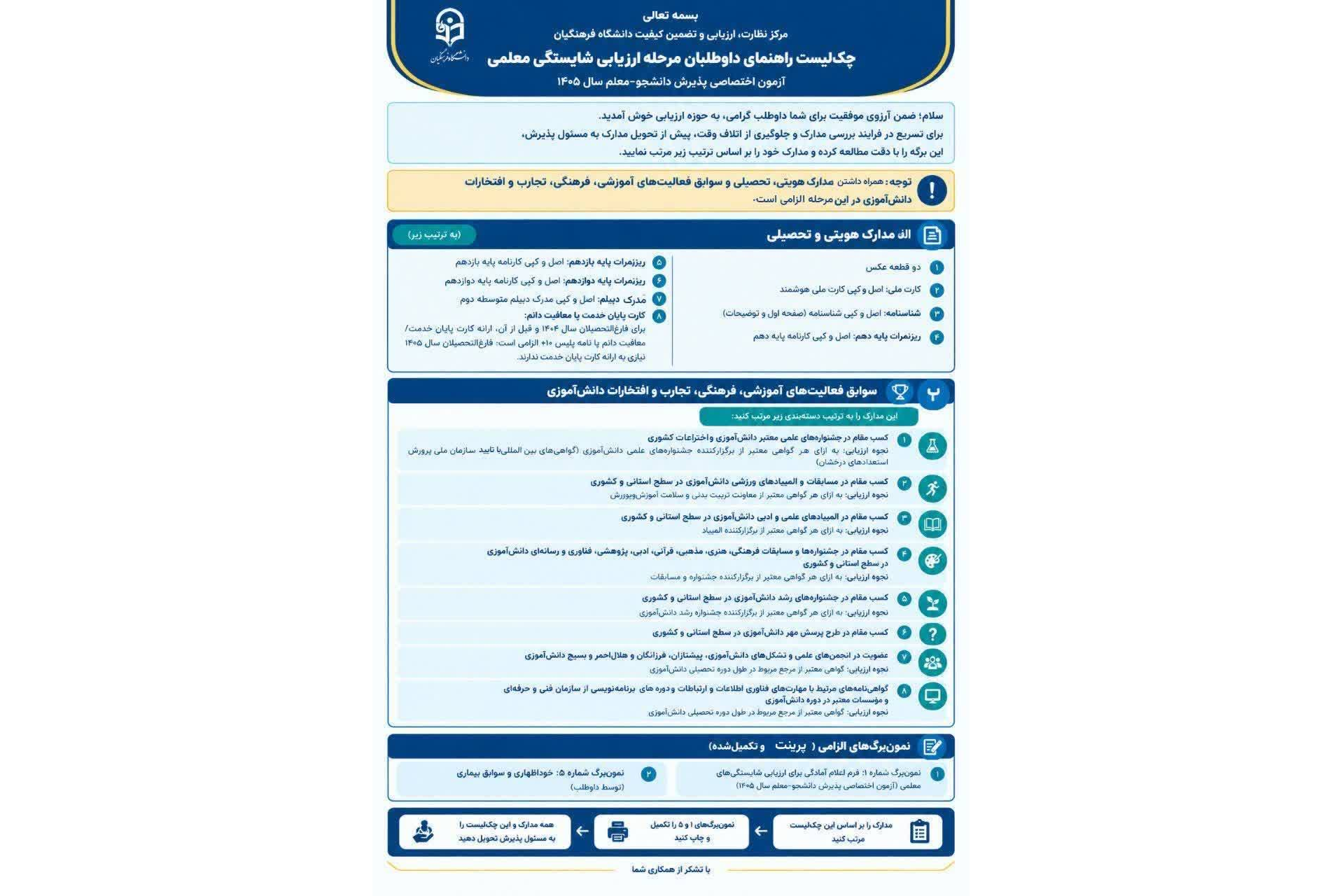چک لیست راهنمای داوطلبان مرحله ارزیابی شایستگی های معلمی 1405